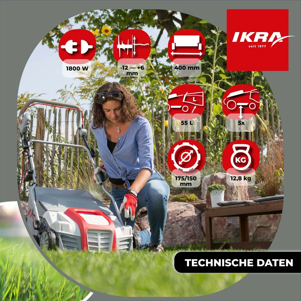 IKRA Elektro Vertikutierer Rasenlüfter IEVL 1840, Arbeitsbreite 40cm, 1800W | Fangkorb 55l, Arbeitstiefe +6 bis –12 mm, werkzeugloser Walzenwechsel, 2in1 Gerät lässt sich auch ohne Fangbehältnis nutzen