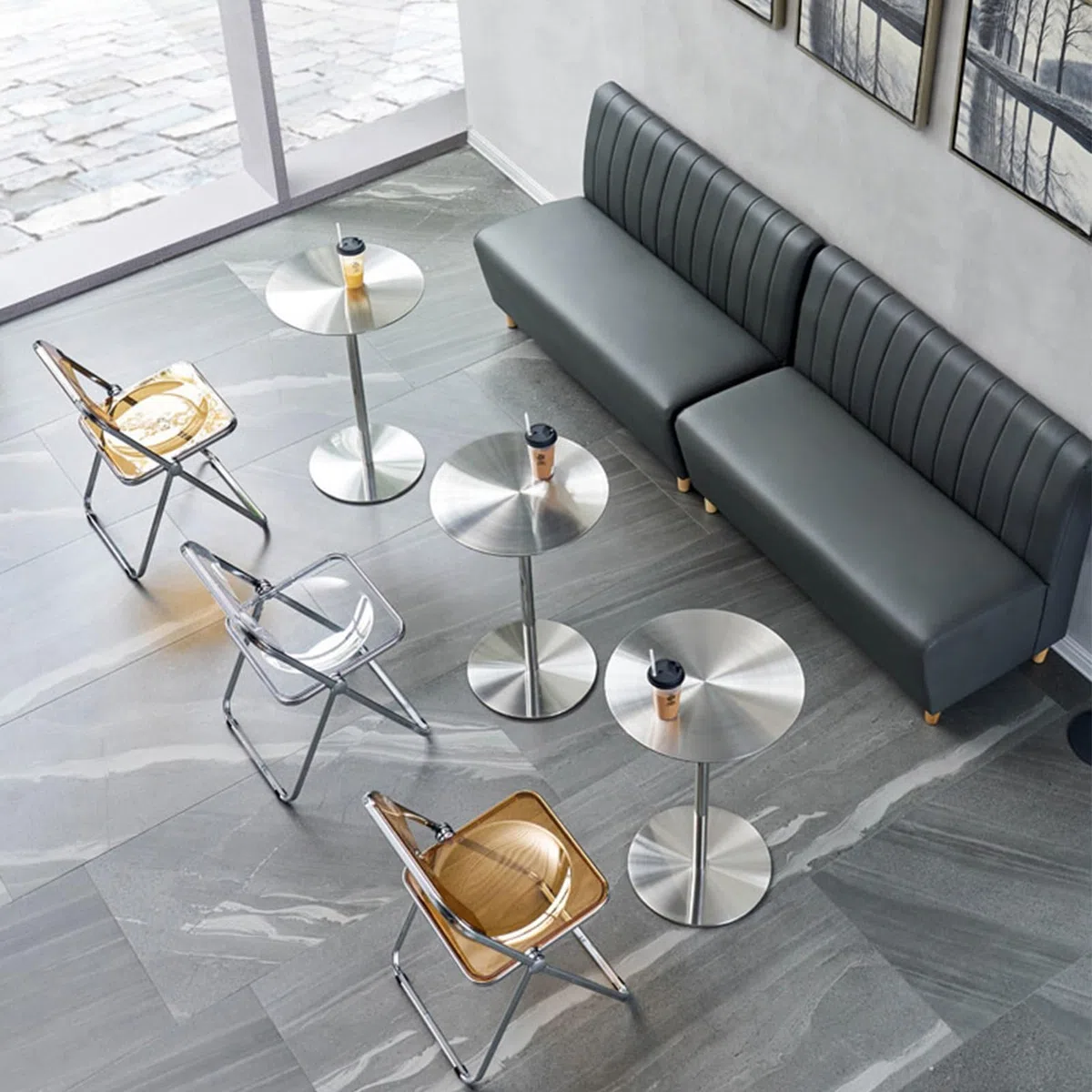 Runder Frühstücks-Esstisch, Kaffee-Beistelltisch aus Edelstahl, Freizeit-Sofa-Beistelltisch, Cocktailtisch für Bistro-Café-Tische(Size:50x50x75cm)