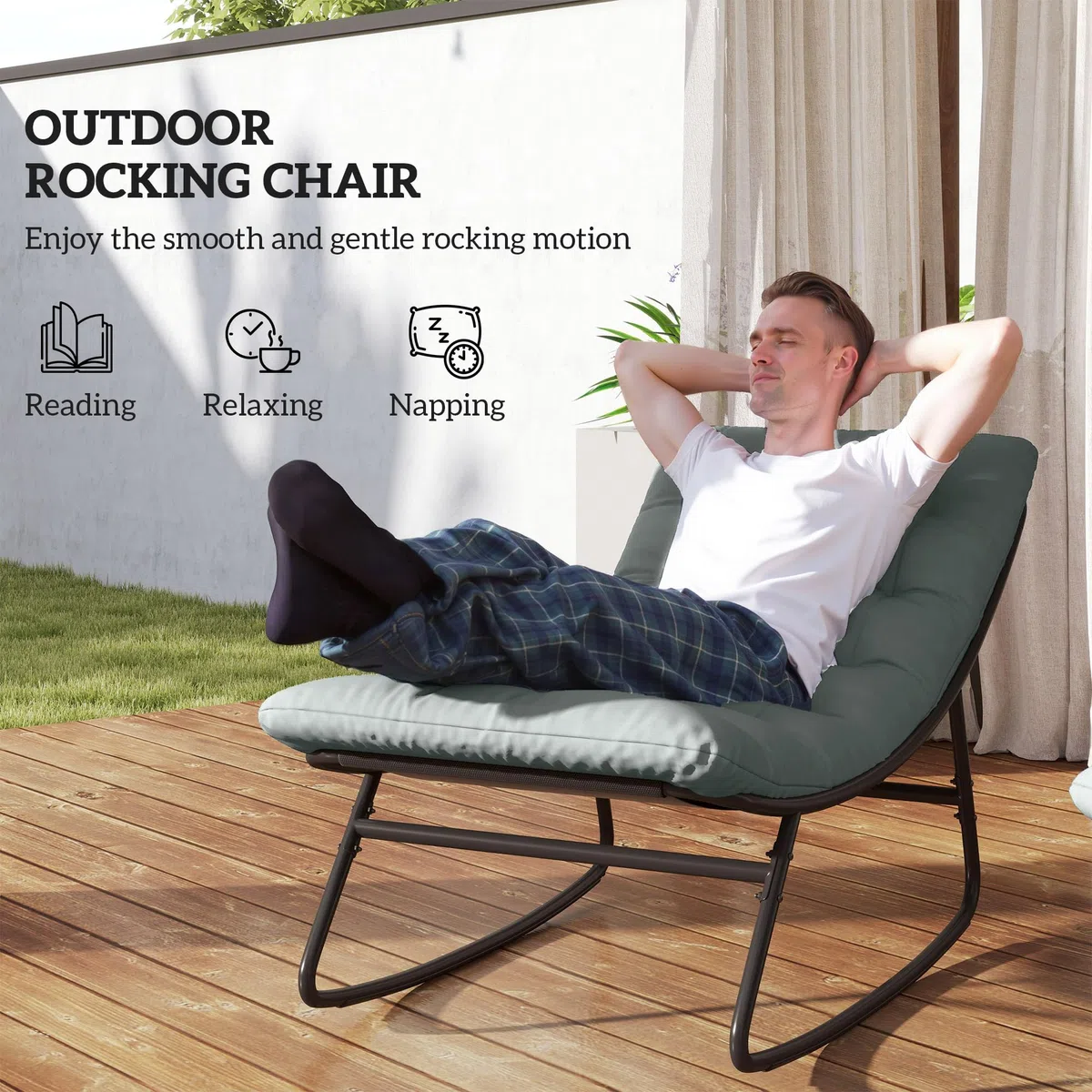 Outsunny 2er-Set Outdoor-Schaukelstühle, Schaukelstühle mit dicken Kissen, Sitz aus atmungsaktivem Textilene-Gewebe und Stahlrahmen, Schaukelstuhl für den Außenbereich, Garten, Terrasse, Patio,