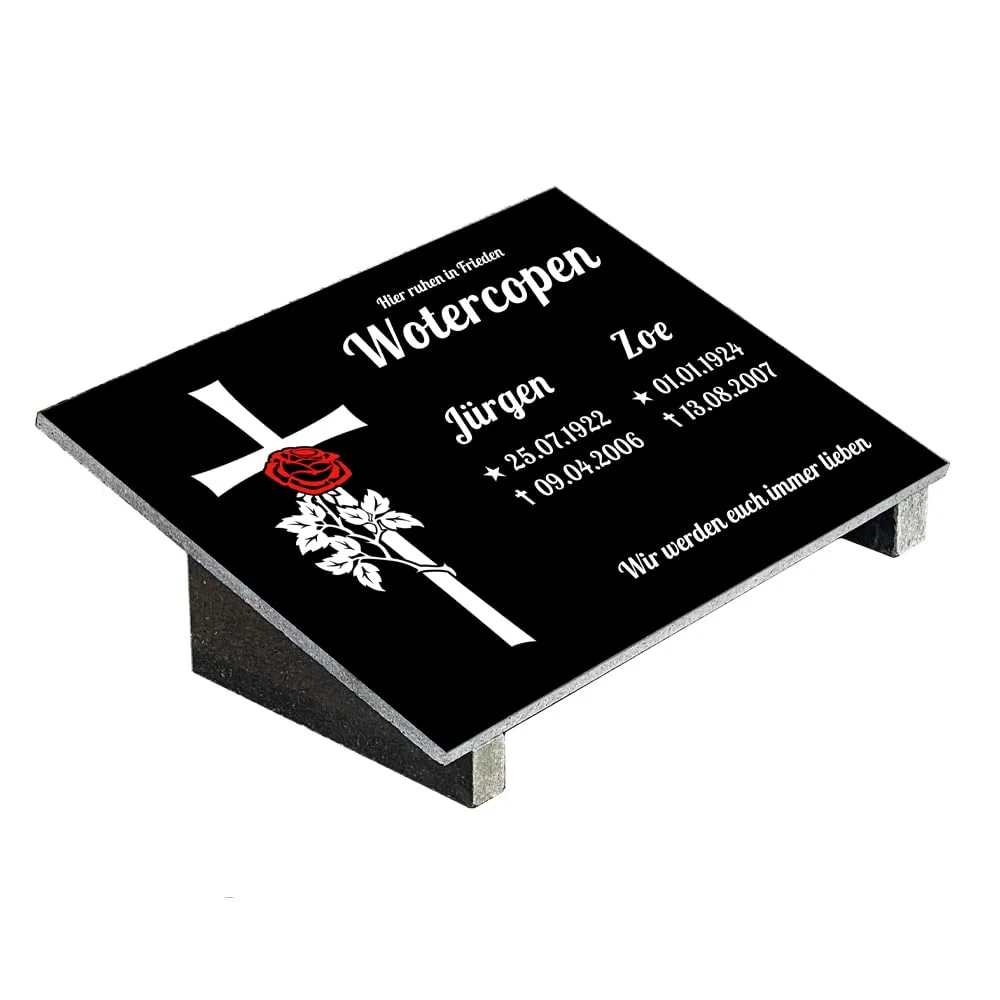 Grabplatte mit Inschrift aus Granit, personalisierbar Gedenktafel für Urnengrab, Grabstein für 1-2 Pers., Urnengrabstein N12D (30x40cm mit Stützen)