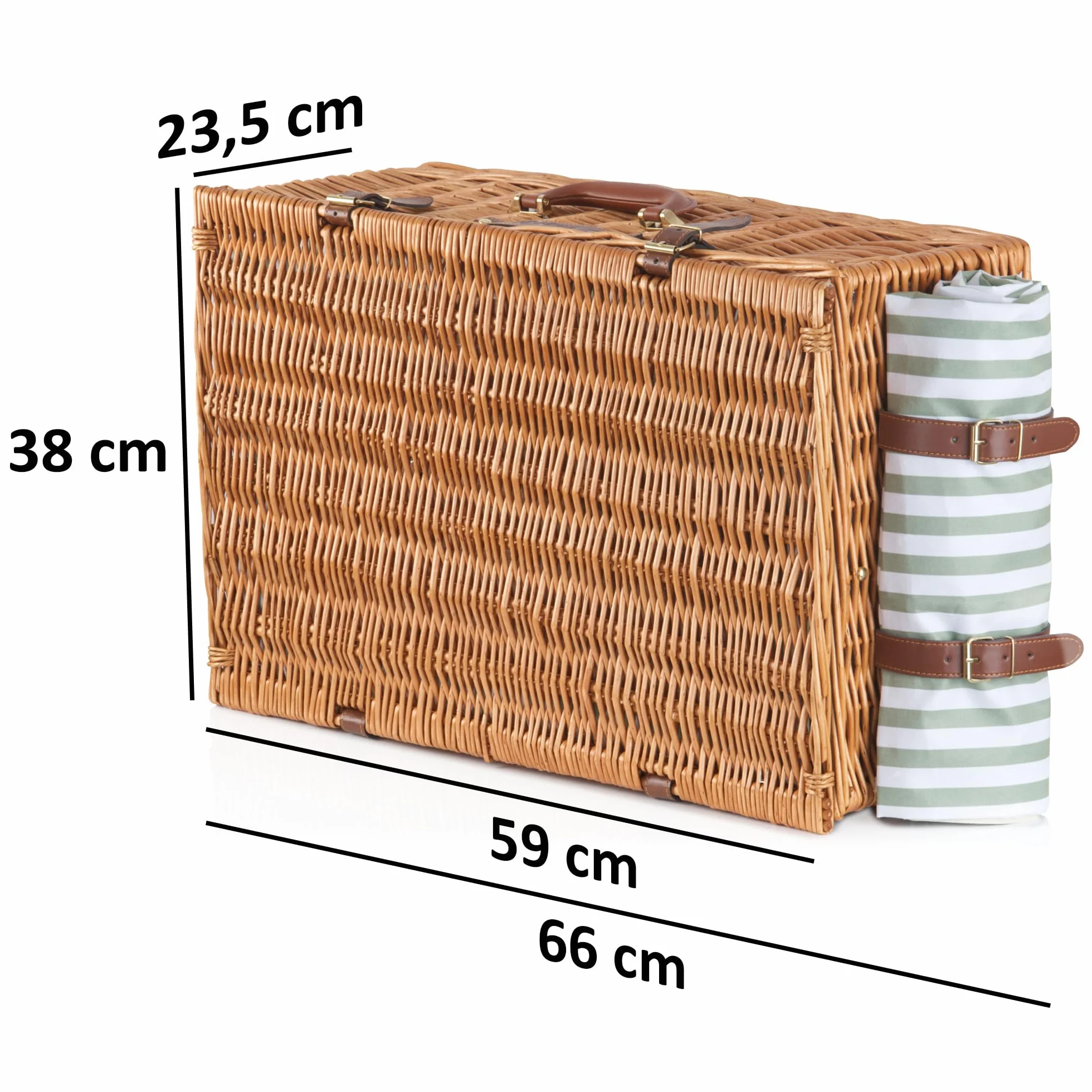 CampFeuer Picknickkorb 4 Personen mit Geschirr-Set und Kühlfach | 29-teilig | Picknickkoffer mit gestreiftem Innenmuster | Weidenkorb mit Kunstlederriemen | Picknicktasche, Picknick Set
