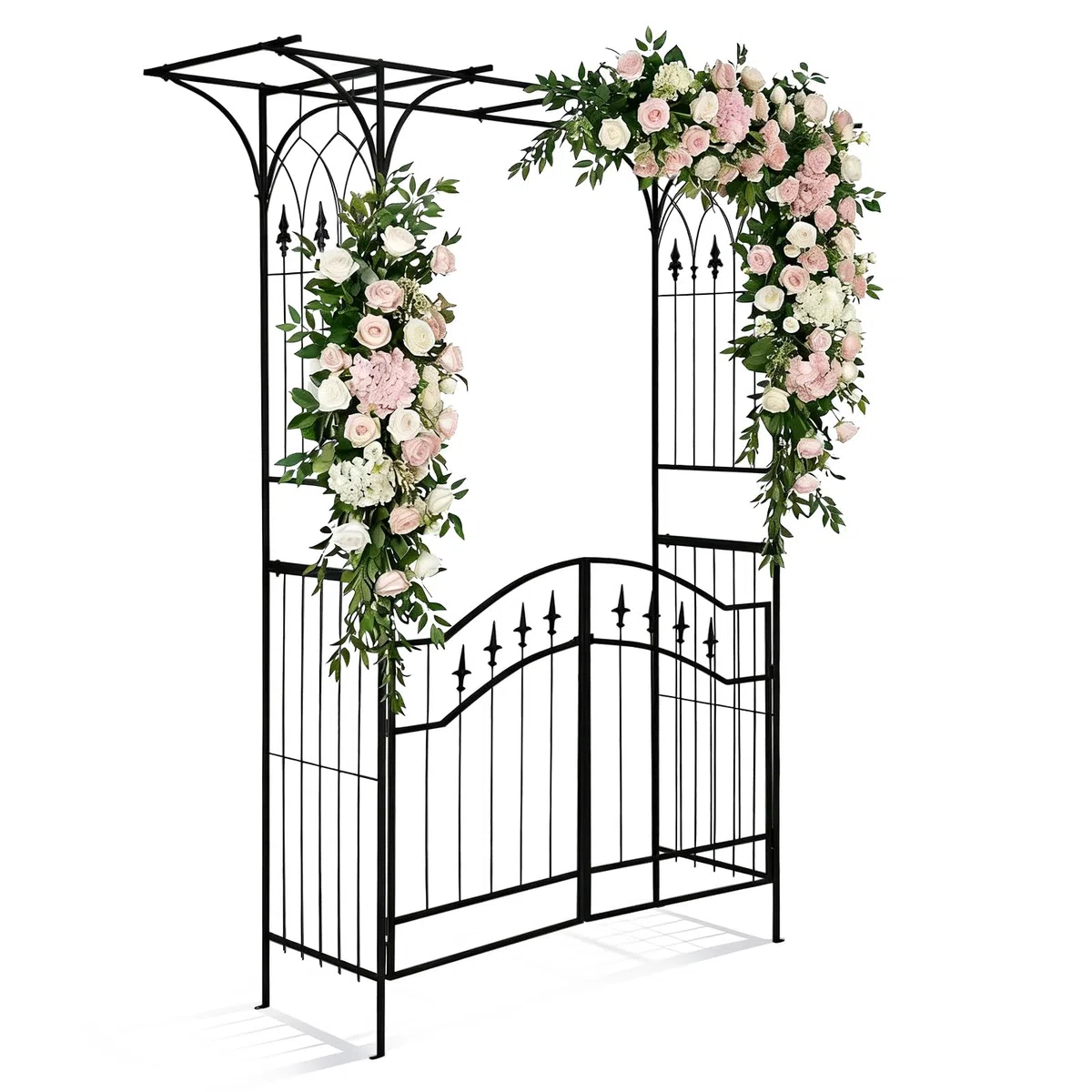 Rosenbogen mit Tür in Schwarz - Rosenbogen aus Metall stabil 179 × 51 × 208 cm, Einzigartige und Elegante Flachdachkonstruktion, Rankgitter geeignet für Kletterpflanzen