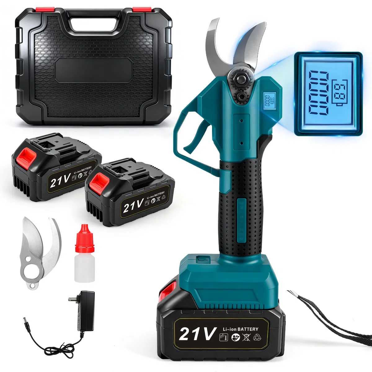 Akku Astschere 30 mm Elektrische Gartenschere, 1000 W Akku Astschere mit Bürstenlosem Motor, SK5 Carbonstahl Kling Elektrische Gartenschere mit LCD-Display, 2 * 2000 mAh Akkus, für den Garten