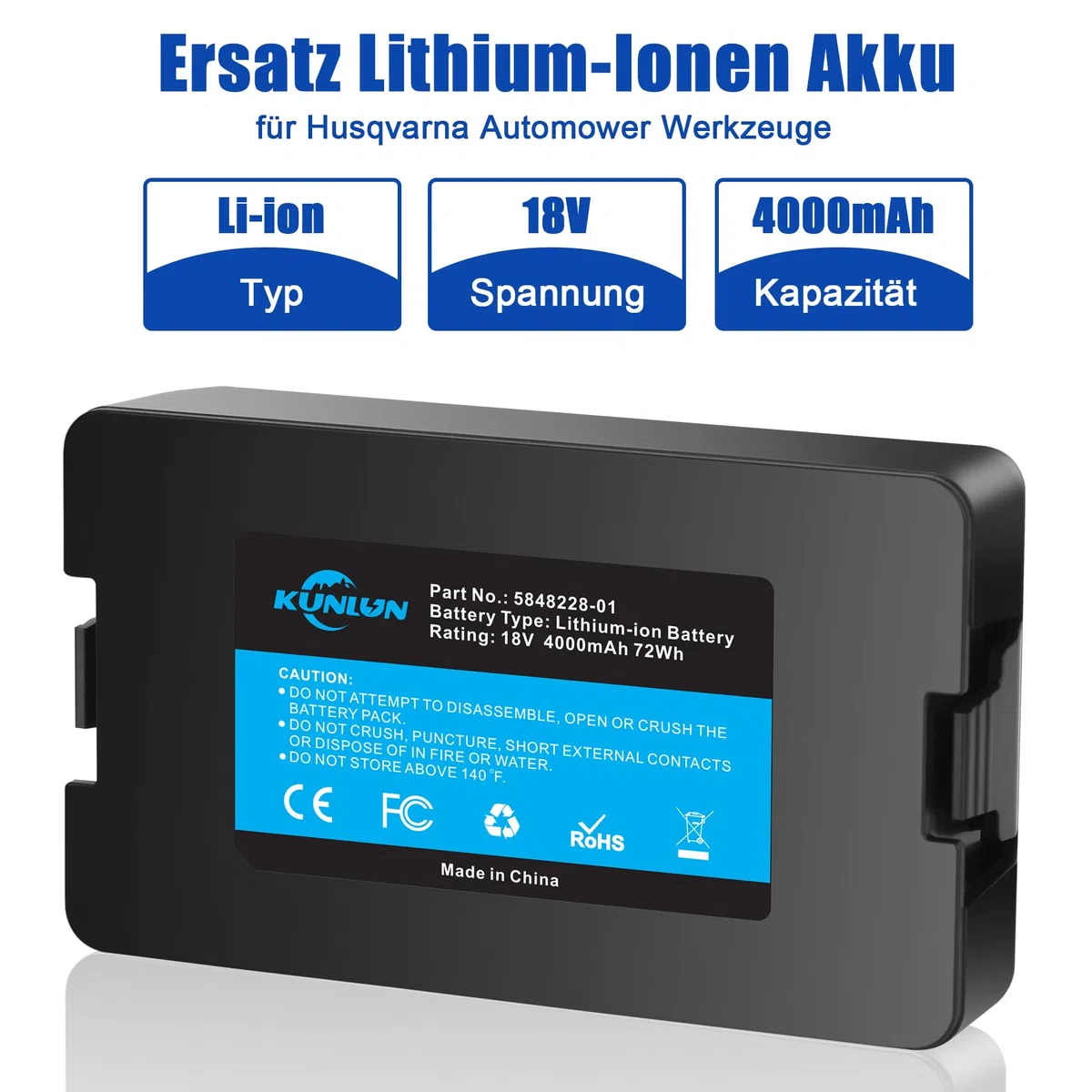 KUNLUN 18V 4000mAh Ersatzakku für Husqvarna Automower 115H, für Automower 305 310 315 315X 2020, für Automower 520 2021 Automower 520 2022, für Gardena akku 18v Sileno City 250 Sileno Life 750