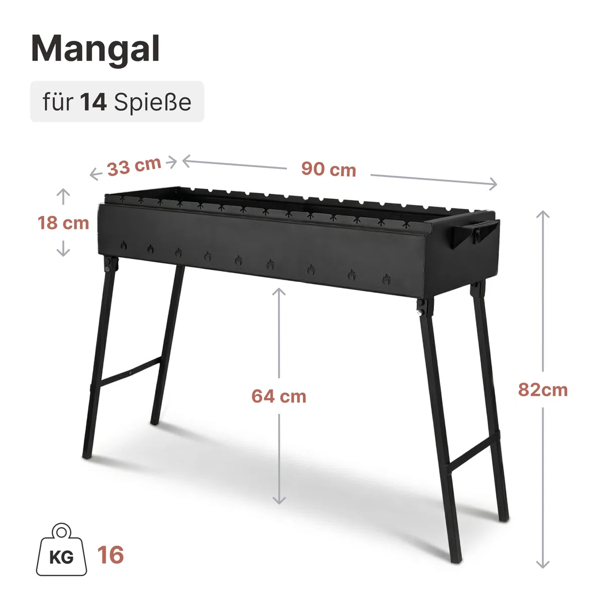 Mangal Klappbar Holzkohlegrill für 14 Spieße 2 mm Stahl 90x33 cm Schaschlik Grill Shashlychnik BBQ Klappgrill Ideal für Garten, Camping & Picknick
