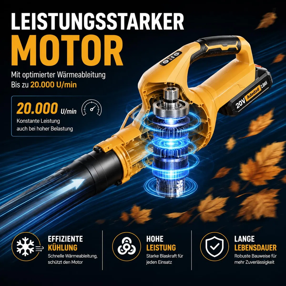 Akku-Laubbläser mit 2 Akkus und Ladegerät, Leicht, 2 Stufen | 240 km/h Luftgeschwindigkeit für schnelles Entfernen von Laub und Schmutz