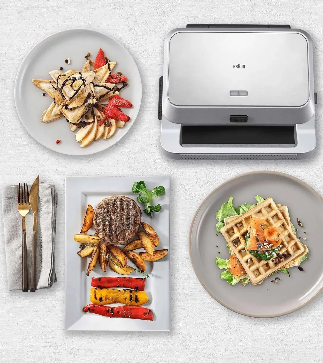 Braun SnackMaker 5 SM5038, Grill mit Sandwich- und Waffelplatten, Waffeleisen mit Aluminiumgussplatten, Abnehmbare Platten und Auffangschale, Spülmaschinengeeignet, 800W, Silber