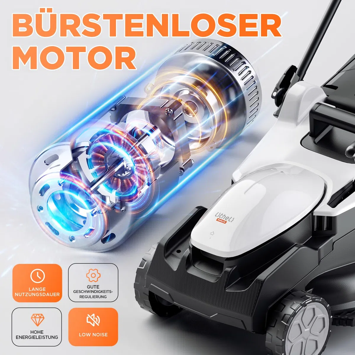 U20 Litheli Akku Rasenmäher, 2 x 20V, 43cm Schnittbreite, Brushless, bis 500 m², 40L Fangkorb, 25-75 mm Schnitthöhe, inkl. 2 x 4,0 Ah Akkus