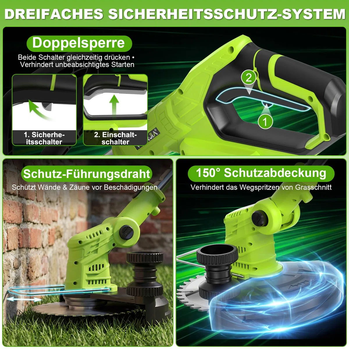 VOERJIA Rasentrimmer Akku 21V mit 2 Akkus und Ladegerät, Freischneider Akku 24000U/min mit LCD-Anzeige, Akkurasentrimmer mit 4-in-1 Mähsystem inkl. (Meister-Set)