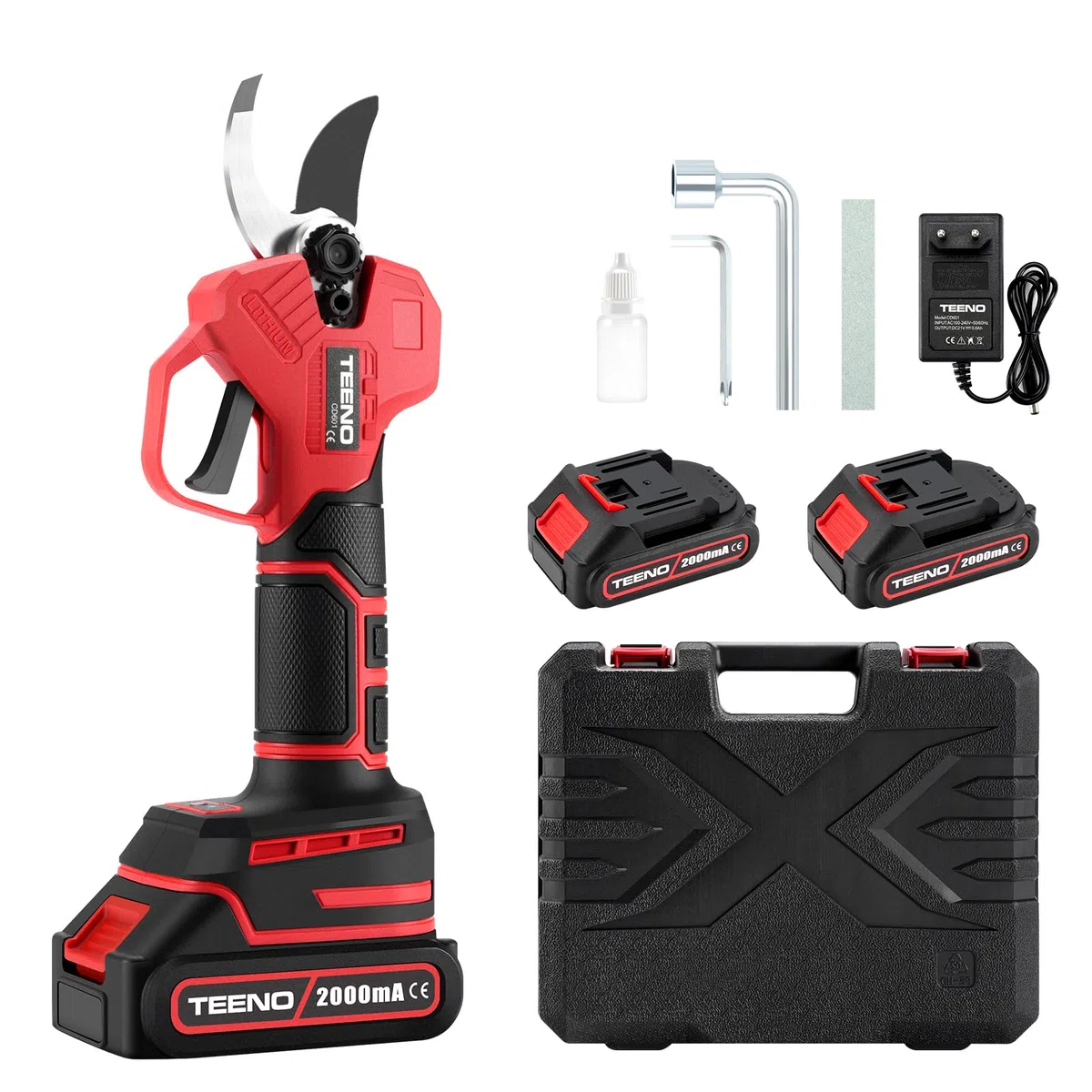 TEENO Elektrische Gartenschere 30mm, kabellos, bürstenlos, mit LCD,2*2000 mAh Batterien, schnurlose professionelle elektrische Schere für Garten, Äste und Obstgärten(zwei Batterien), TEENO-CD616