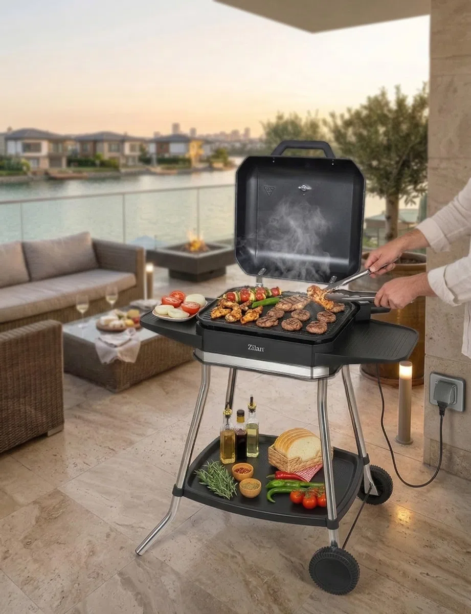 2in1 Elektrogrill Standgrill Tischgrill elektrisch 3.050 Watt - Elektro Grill für Balkon, Draußen mit Standfuß große Grillfäche Stufenloser Temperaturregler elektrischer BBQ Grill