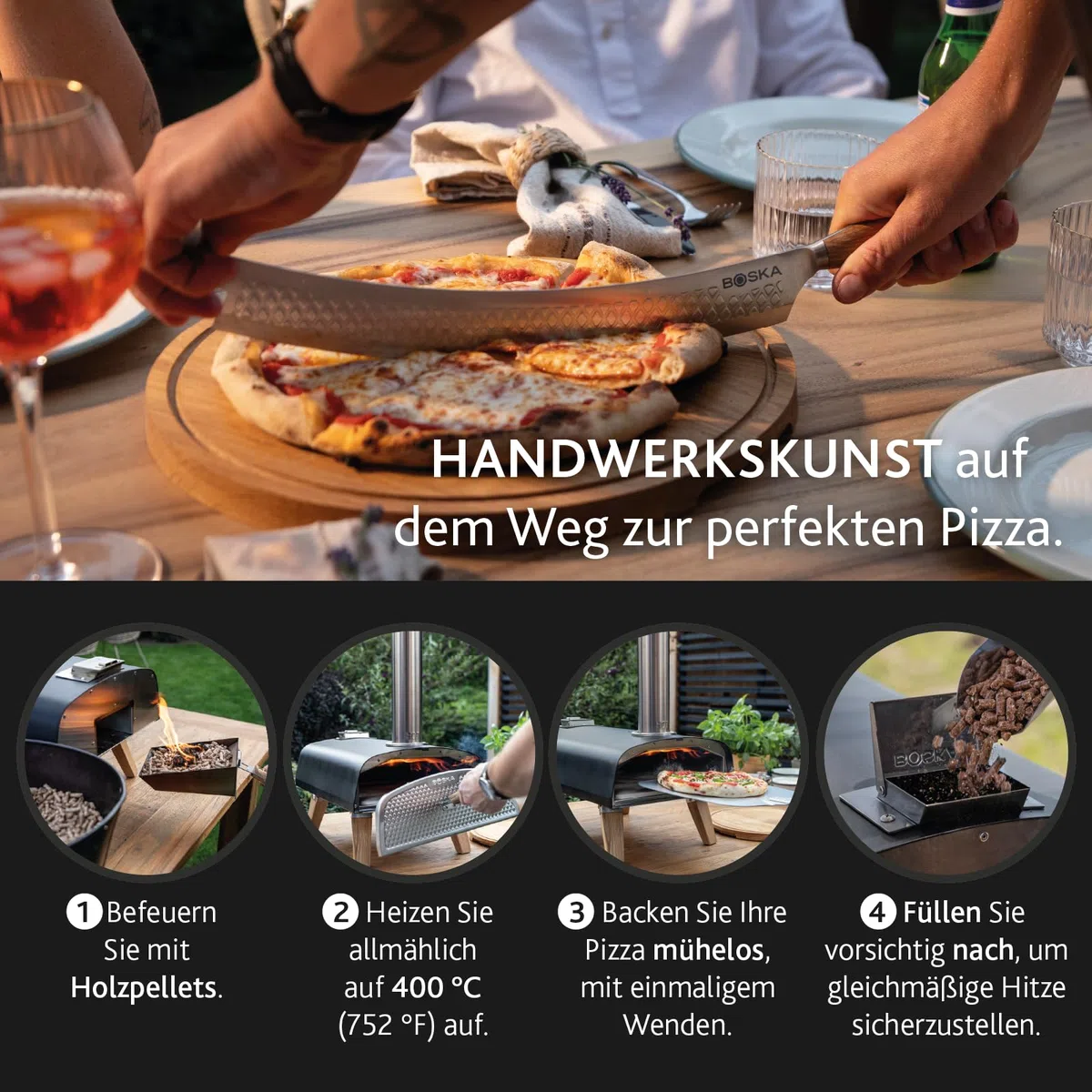 BOSKA Pizzaofen Pro Pellet/Pizza ofen/Pizza in 90 Sekunden wie aus dem Steinofen/Holzpellets/Outdoor-Kochen/Inkl. Flaschenöffner und Pizzastein