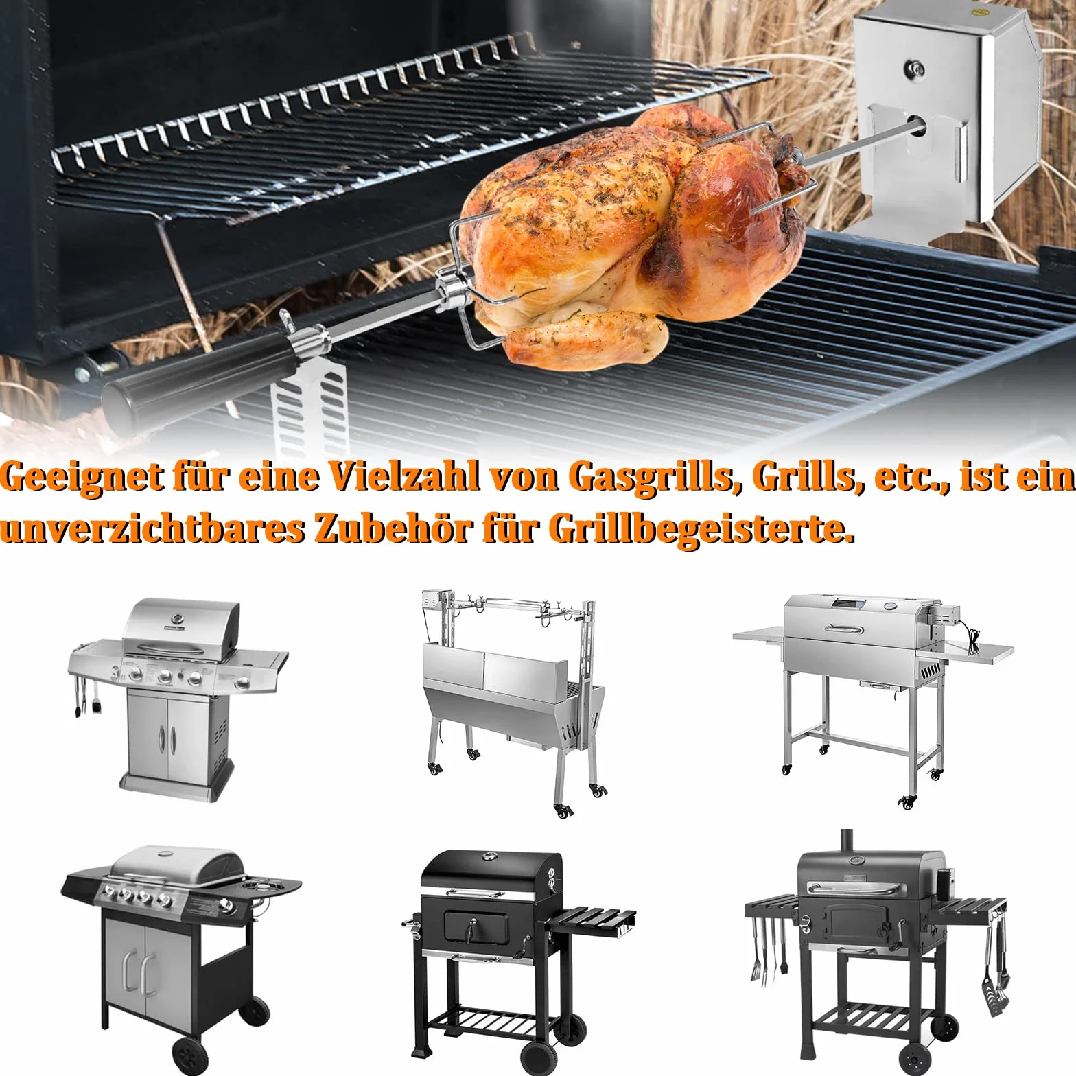 YRHome Drehspieß Grillspieß Set 107cm inkl. 4X Fleischnadeln und Edelstahl Motor 220V - 240V Elektrischer Drehspiess für BBQ Rotisserie Grillspiess Drehspiess Gasgrill