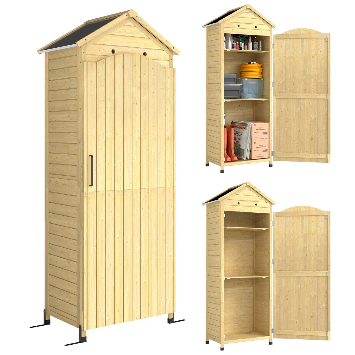 Outsunny Gartenschrank Holz extra hohe Geräteschuppen mit verstellbar Ablage magnetisch Tür galvanisiert Dach Belüftung Kippschutz 85x58x213 cm Geräteschrank Gerätehaus für Garten Terrasse Naturholz