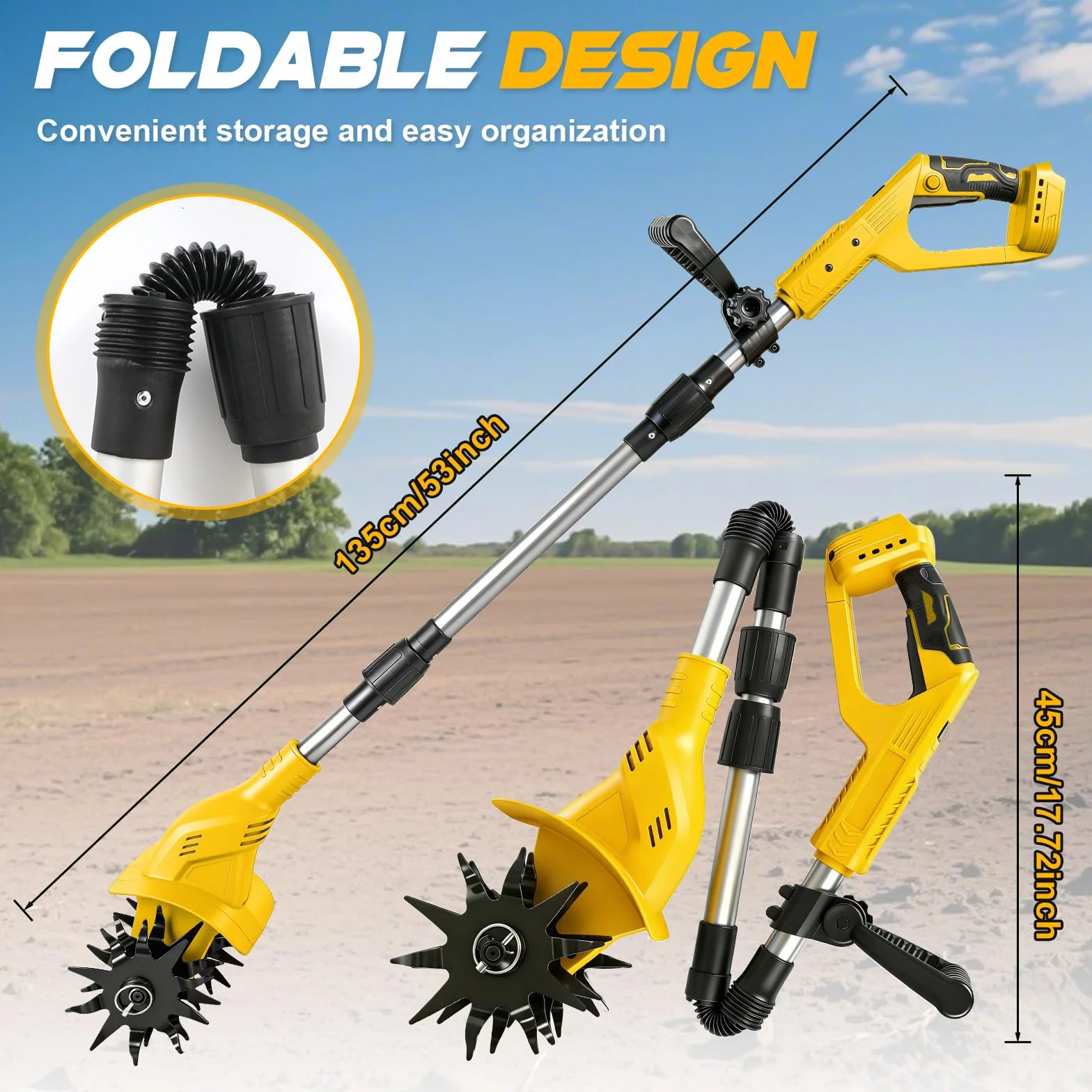 Akku-Bodenhacke kompatibel mit Dewalt 20V Batterie, 500W Gartenfräse Akku, 20cm Bodenbearbeitungstiefe,16cm Bearbeitungsbreite, 360RPM, Bürstenlos Klappbar Gartenfräse Elektrisch (Ohne Akku)