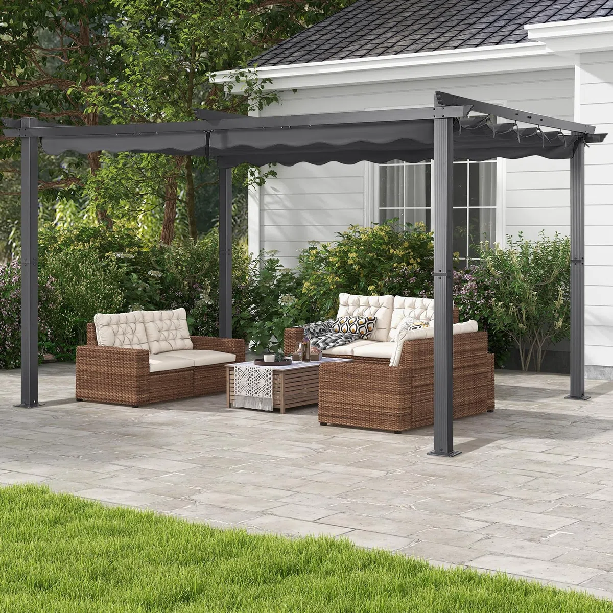 Angel Living Garten Pergola 3 x 4 m Pavillon Gartenpavillon aus Aluminium in anthrazit, Dachrohre aus Stahl, Verstellbares Dach aus Polyester Grau