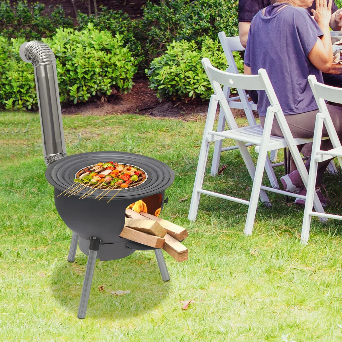 Tragbarer Holzofen mit 3/4 Kochringen & Aschekasten - Abnehmbaren Ofenbeine Robuster Stahlblech-Ofen mit Belüftung und Schornstein Holzofen für Camping, Picknick und Outdoor-Kochen (20.5zoll)