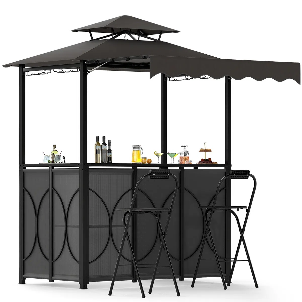 HOMASIS Grillpavillon mit Bartisch und 2 Hockern, strapazierfähiger Outdoor-Pavillon mit Doppeldach, regen- und feuerfeste Pergola (Grau, mit Seitenzelt, 193 x 117 x 240 cm)