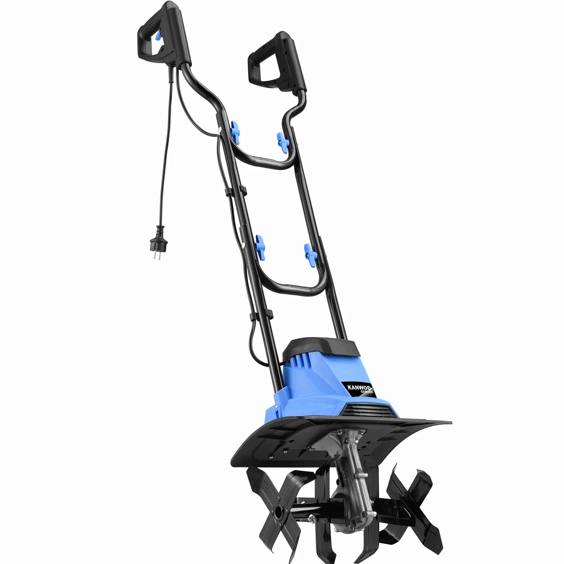 KANWOD Elektro-Bodenhacke, 1500 W, Motorhacke mit 36 cm Arbeitsbreite & 22 cm Arbeitstiefe, Robuste Hackmesser mit vierarmigen Klingen, Gartenfräse zum Umgraben und Auflockern, Schwarz/blau