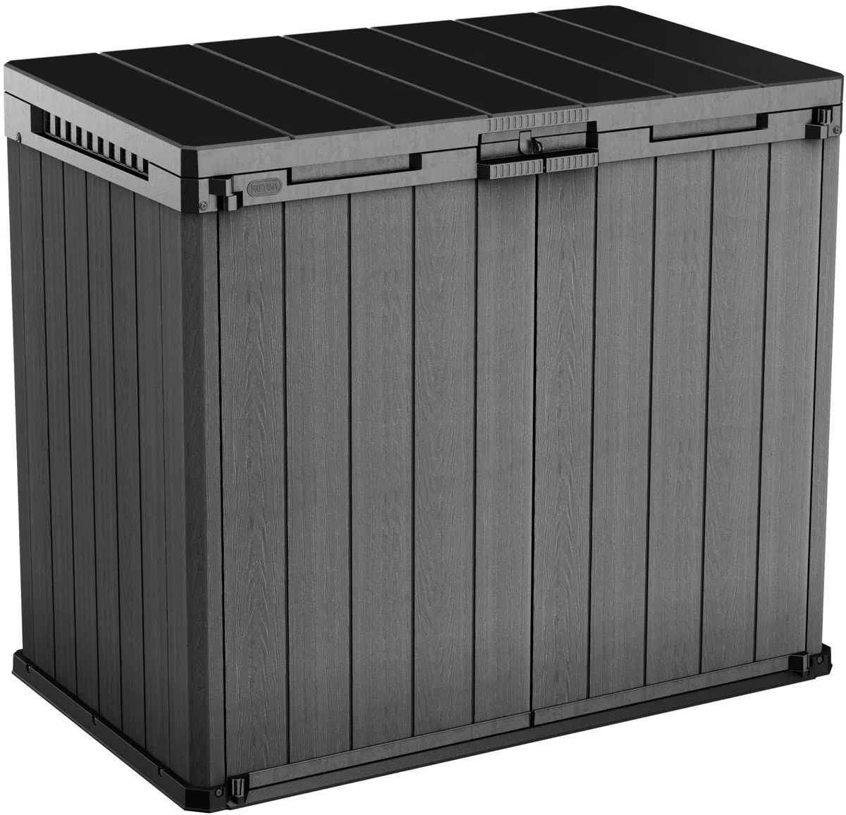 Keter Store-It-Out Darwin Aufbewahrungsschrank 1150L - Wetterbeständige Mülltonnenbox mit Holzoptik - Gartenbox abschließbar - für 2X 240L Tonnen - 141x82x118cm Grau