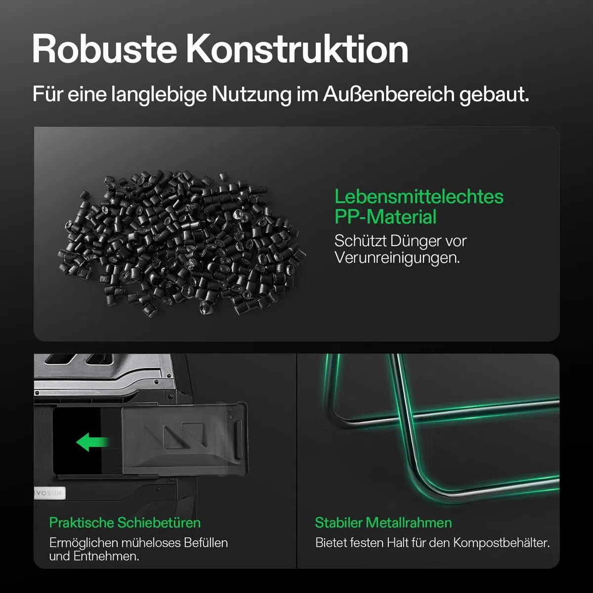 VIVOSUN Trommelkomposter 163L, Drehbarer Schnellkomposter mit 2 Kammern, Robuster Kunststoff Gartenkomposter mit Lüftungsöffnungen & Wasserdichten Gartenhandschuhen für Gartenabfälle
