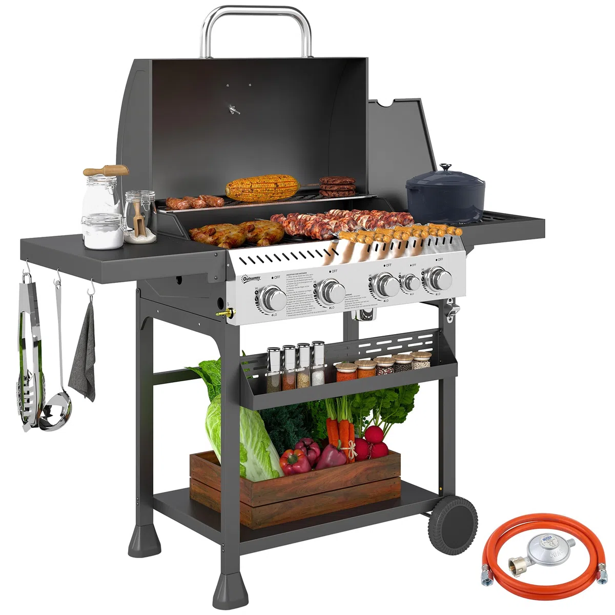 Outsunny Gasgrill 12 KW 4+1 Brenner BBQ Grillwagen aus Edelstahl mit Seitenbrenner, Thermometer, Grillrost, Kochfeld, Flaschenöffner und Seitenablagen Gasgrill für Camping Balkon 135 x 55 x 103cm