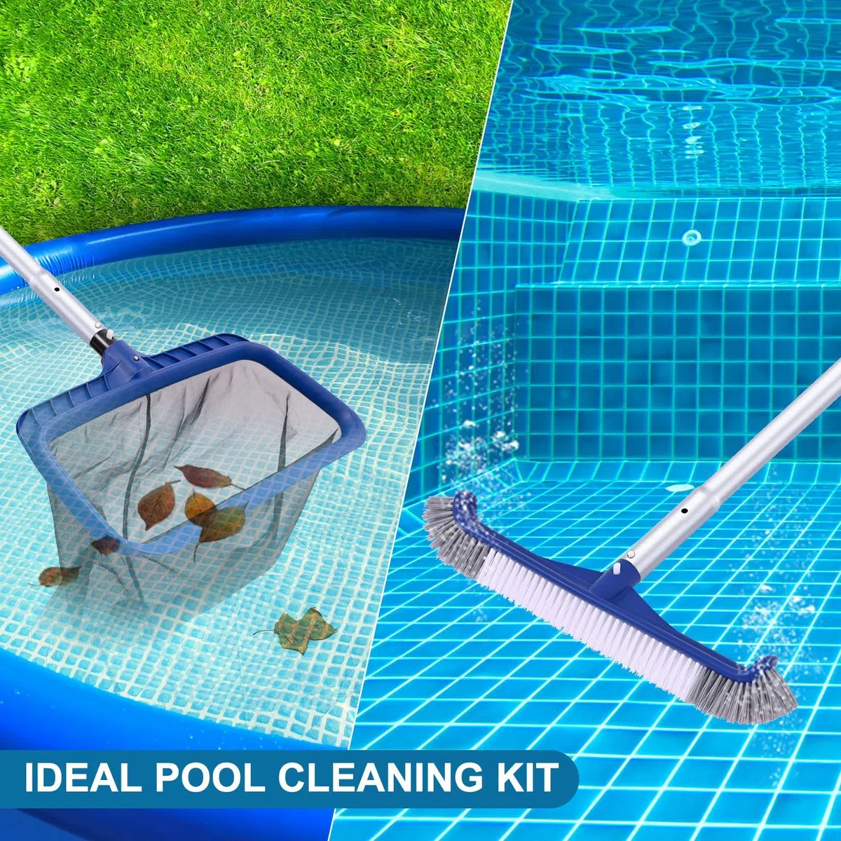 POOLAZA Pool-Reinigungsset, inklusive Poolbürste und ultrafeinmaschigem Pool-Skimmernetz mit Stange, Poolkescher und 44 cm Poolbürstenkopf mit 3,2 m Aluminium-Poolstange, Poolkescher und Bürste mit