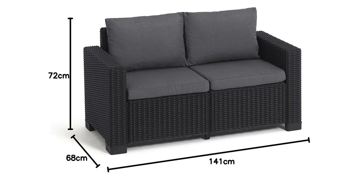 Keter Allibert by Gartenlounge Sofa California 2-Sitzer, Graphit/cool Grey, 141x68x72 cm & Allibert by Cube Hocker mit Stauraum, grau, inkl. Kissen, Deckel abnehmbar, 42x42x39cm