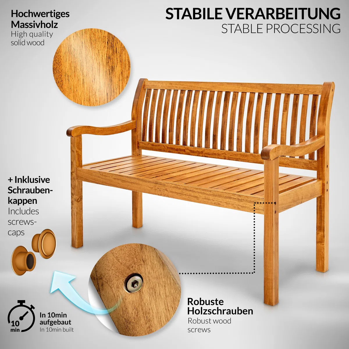 tillvex Gartenbank Holz 2-3 Sitzer inkl. Abdeckung wetterfest 125 cm | Parkbank Massivholz | Balkonbank Sitzbank 320 kg belastbar | Holzbank Gartenmöbel für Balkon, Terrasse & Garten