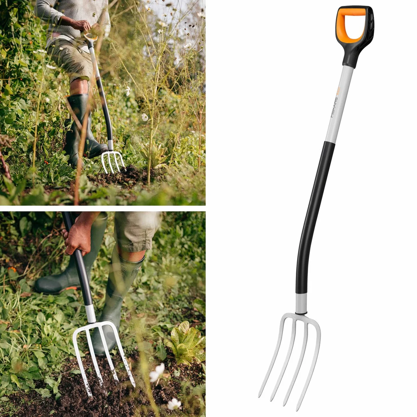 Fiskars Spatengabel für Harte, steinige Böden, Mit 4 Zinken, Länge: 120 cm, Qualitätsstahl-Zinken/Glasfaserverstärkter Kunststoff-Stiel, Schwarz/Orange, Xact, 1070716