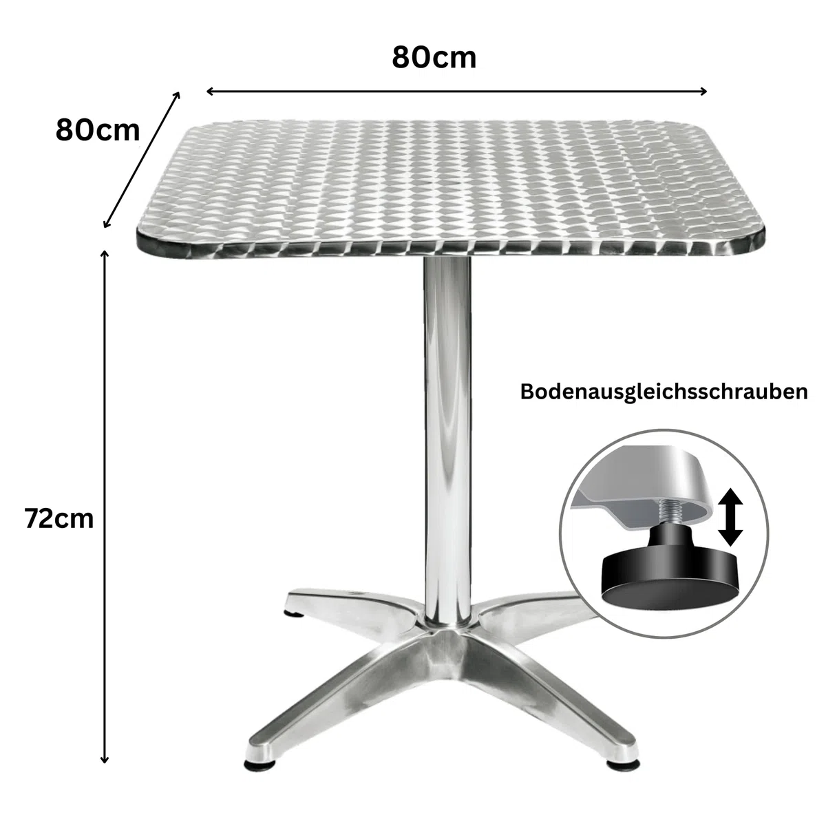 Hochwertiger Bistrotisch aus Aluminium, Eckiger Aluminiumtisch Wetterfest für Garten, Balkon und Terrassen – T80 x B80 x H72cm / Pflegeleichter Gartentisch mit Standfüßen –Silber glänzend Tischplatte