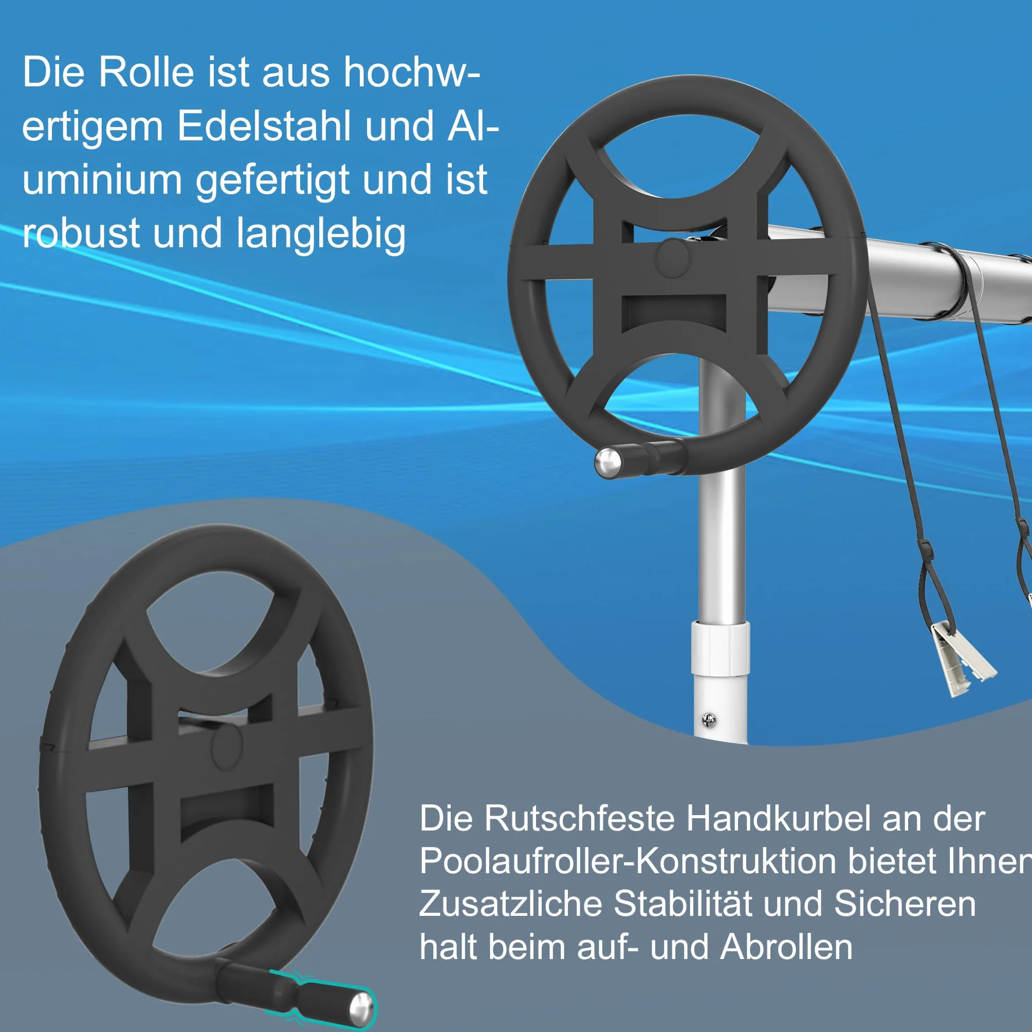 UISEBRT Pool Aufroller Mobiles Poolfolienaufroller 3m - 5,70m für Poolplane, Aufrollvorrichtung mit Befestigungsbändern & Rädern