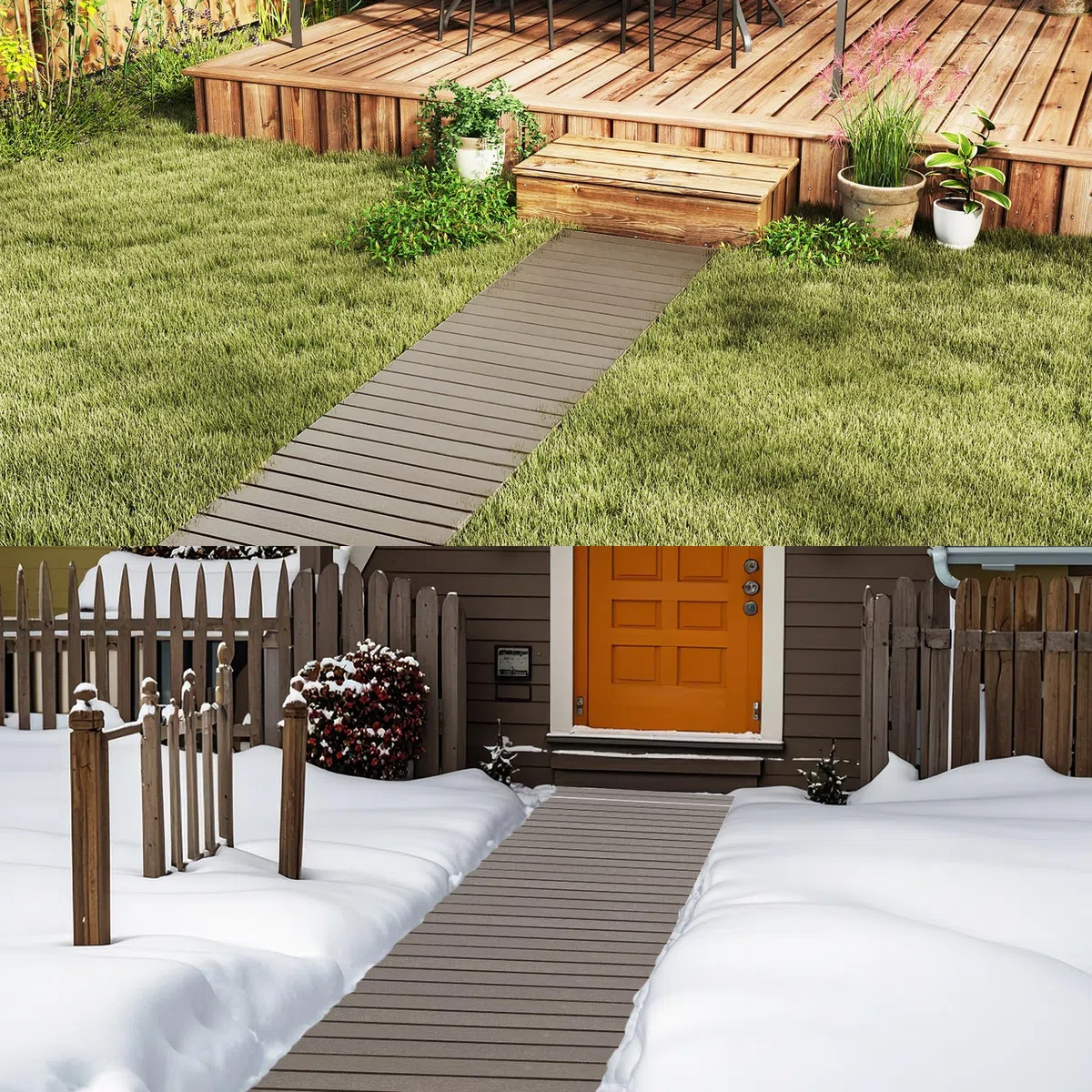 RELAX4LIFE Rollweg wetterfest, Gartenweg aus HDPE, 242 x 55 cm, Gehweg ausrollbar, Gehwegplatte mit Metallverbindung & simulierter Holzmaserung, Trittplatte für Garten, Terrasse, Hochzeit, Party, Grau