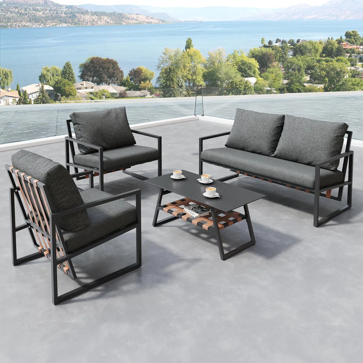 Muskel Garten Lounge Set 4-teilig Outdoor Sofa Einzelstühle Sesseln, Couchtisch, Essgruppe für Garten Balkon Terrasse, Abnehmbarer und waschbarer Stoffbezug, Schwarz
