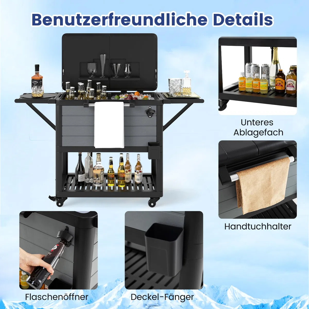 COSTWAY Kühlwagen, Getränkewagen mit 2 Seitenablagen, Flaschenöffner, unterer Ablage, Handtuchhalter, Mützenfänger, Servierwagen, Beistellwagen, Kühlbox, Getränkekühler, Eiswagen für Party, BBQ
