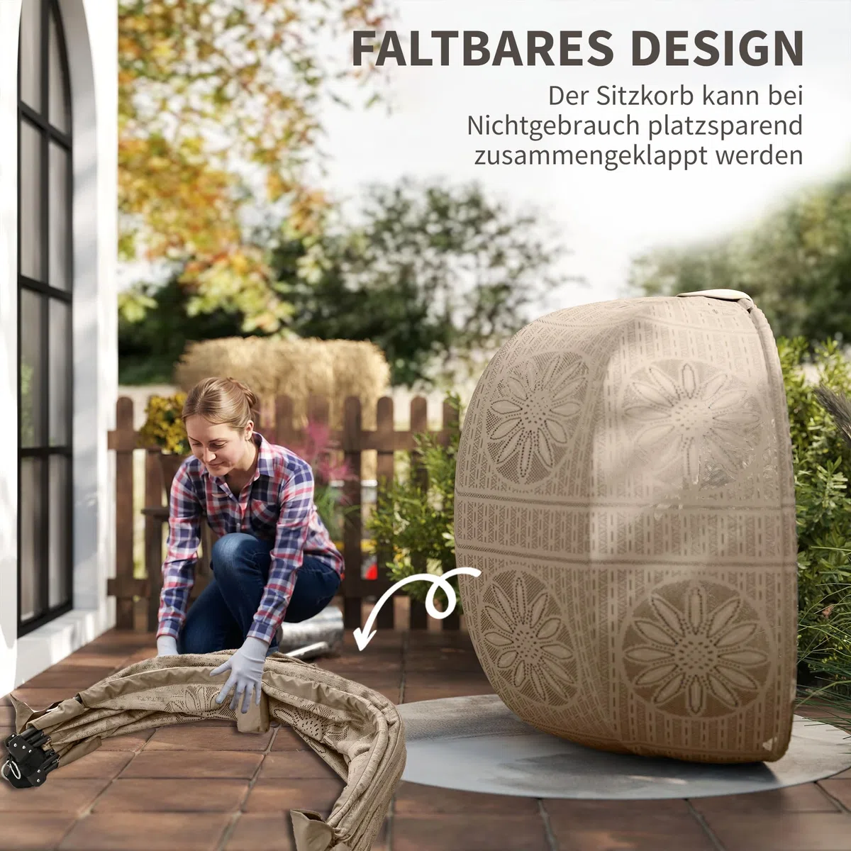 Outsunny Hängesessel, Hängeschaukel, Hängestuhl mit Sitzkissen, Klappbarem Sitzkorb, für Indoor, Outdoor, bis 120 kg Belastbar, Polyester, Sand