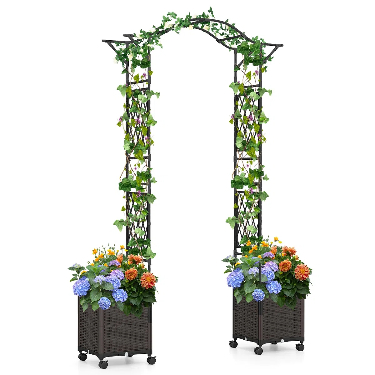 COSTWAY 2 in 1 Rosenbogen mit Blumenkasten, 250 cm, Gartenbogen aus Metall und PP, Spalier mit 2 Pflanzkästen auf Rollen & Drainagelöchern, Rankbogen Torbogen für Kletterpflanzen, Outdoor (Schwarz)