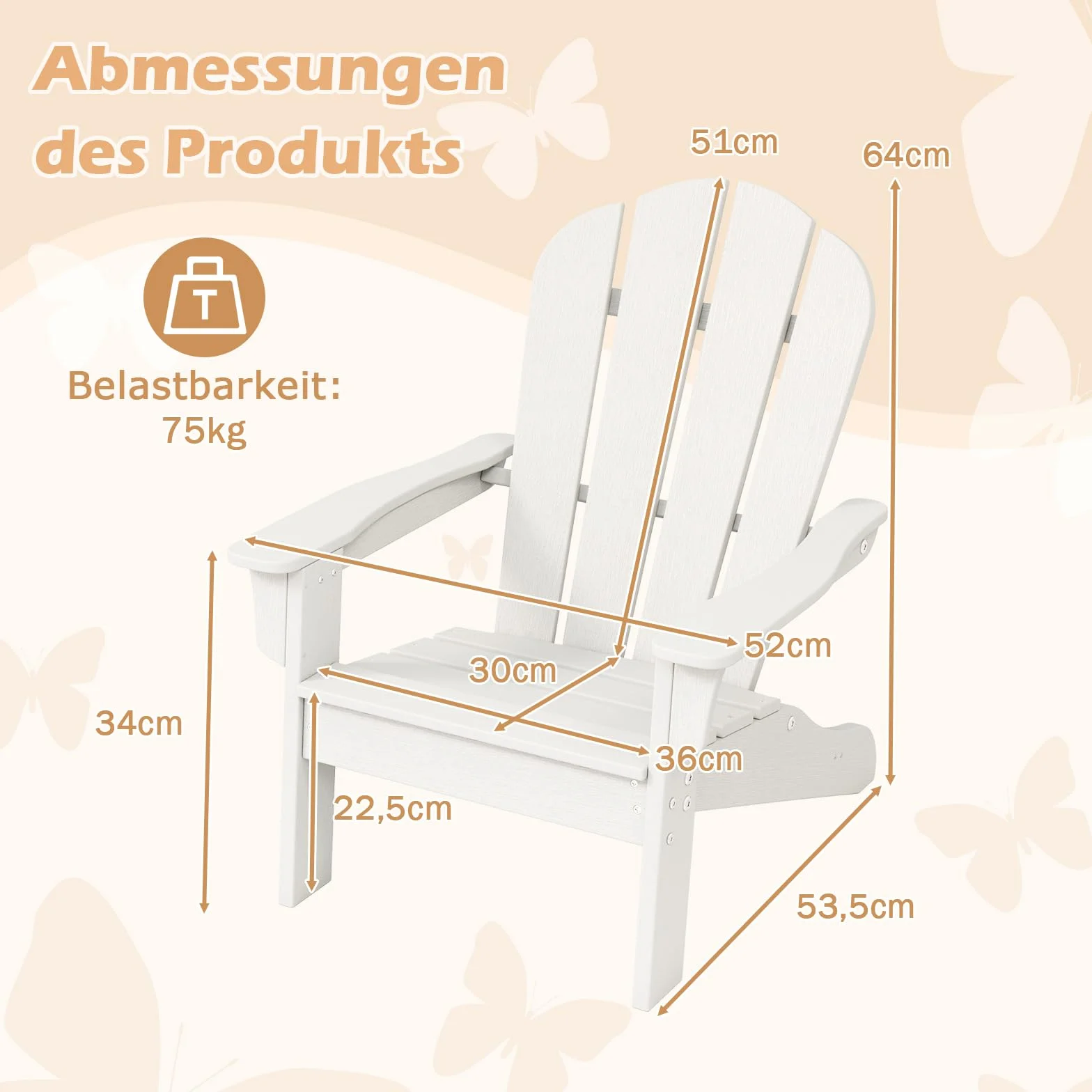 GOPLUS Adirondack Stuhl für Kinder, Adirondack Chair wetterfest aus HDPE mit ergonomischer Rückenlehne & Breiten Armlehnen, bis 75kg belastbar, Kinderstuhl Outdoor Garten Kinderzimmer (Weiß)