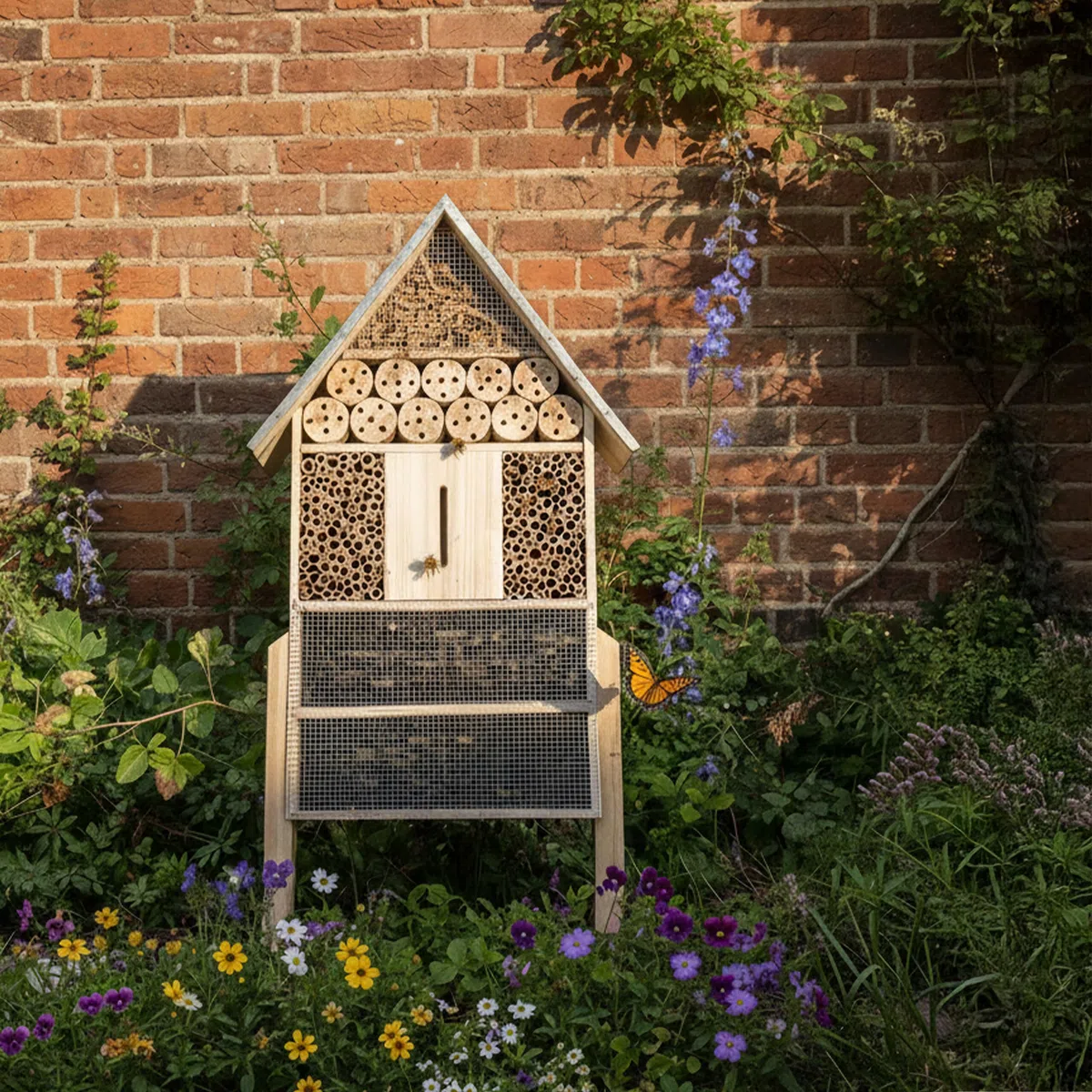 Relaxdays Insektenhotel mit Ständer, Holz, wetterfestes Metalldach, HxBxT: 119 x 50 x 12 cm, Insektenhaus, Natur/Silber
