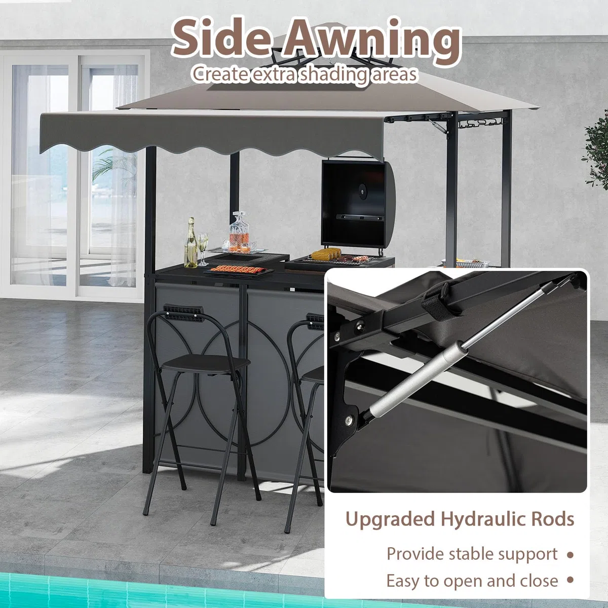 HOMASIS Grillpavillon mit Bartisch und 2 Hockern, strapazierfähiger Outdoor-Pavillon mit Doppeldach, regen- und feuerfeste Pergola (Grau, mit Seitenzelt, 193 x 117 x 240 cm)