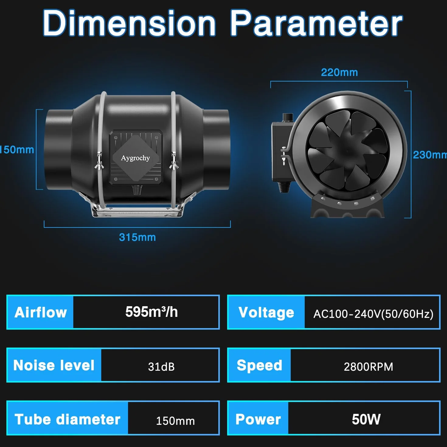 Aygrochy Rohrventilator 150mm, EC-Motor 55W 683m³/h, 2800 U/min Abluftventilator mit Temperatur- und Feuchtigkeitsregler, Rohrlüfter für Wachstumszelte, Luftabsaugung und Rauchabzug