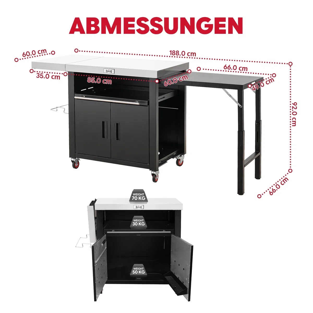 Outdoor-Küche Grillwagen Outdoor Grilltisch Outdoor wetterfest mit Schrank | 188x66x92 cm Servierwagen Pizzatisch mit 2 Klappbarer Beistelltisch, ausziehbare Ablage, für Pizzaofen, Außenküche,Terrasse