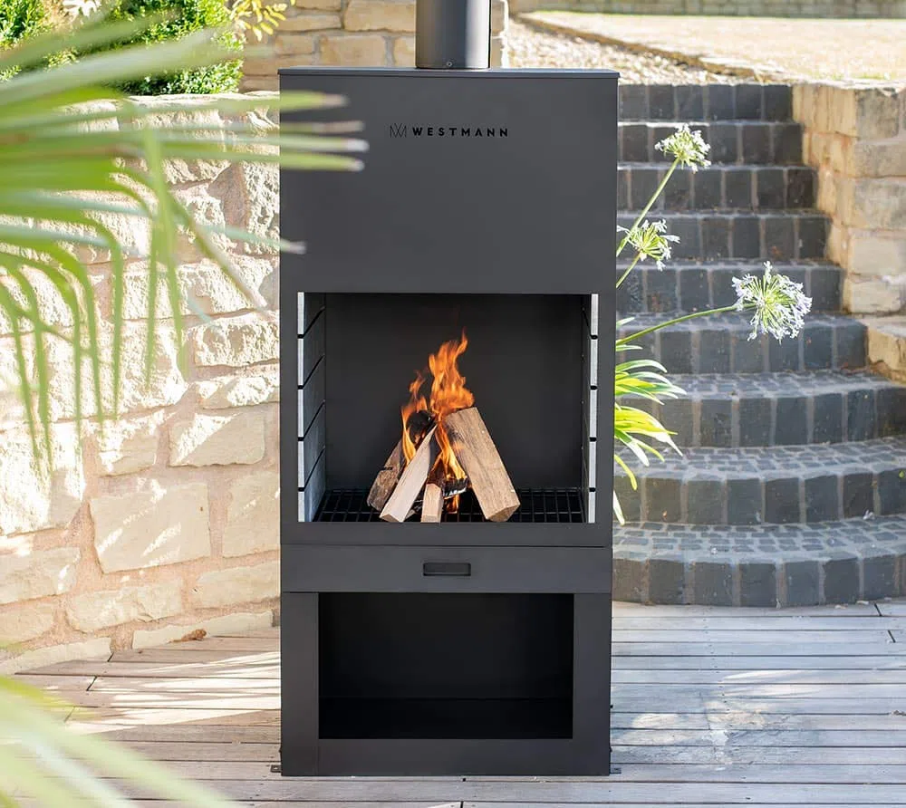 WESTMANN Terrassenofen & Grill | 70x41x229 cm Schwarz | Gartenkamin aus pulverbeschichtetem Stahl | Feuerstelle für Garten & Terrasse