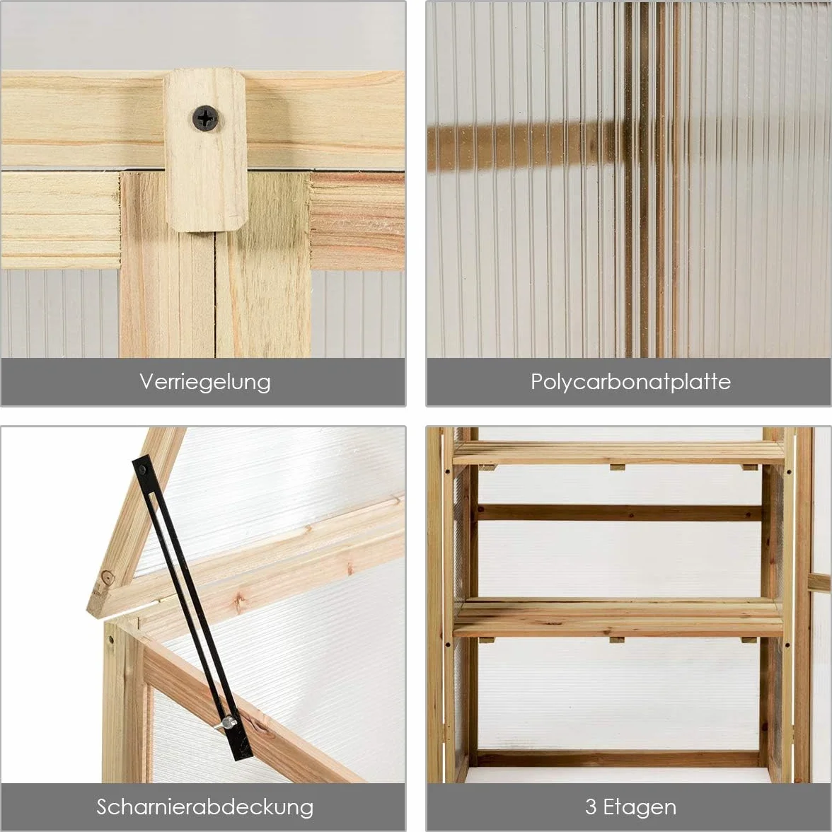 FANTASK 3 Etagen Frühbeet Holz, Hochbeet wetterfest, Gewächshaus mit 2 Türen & Deckel, Polycarbonat-Fenster, Pflanzenbeet Aufzuchtschrank Treibhaus, 60 x 45 x 100 cm, Natur