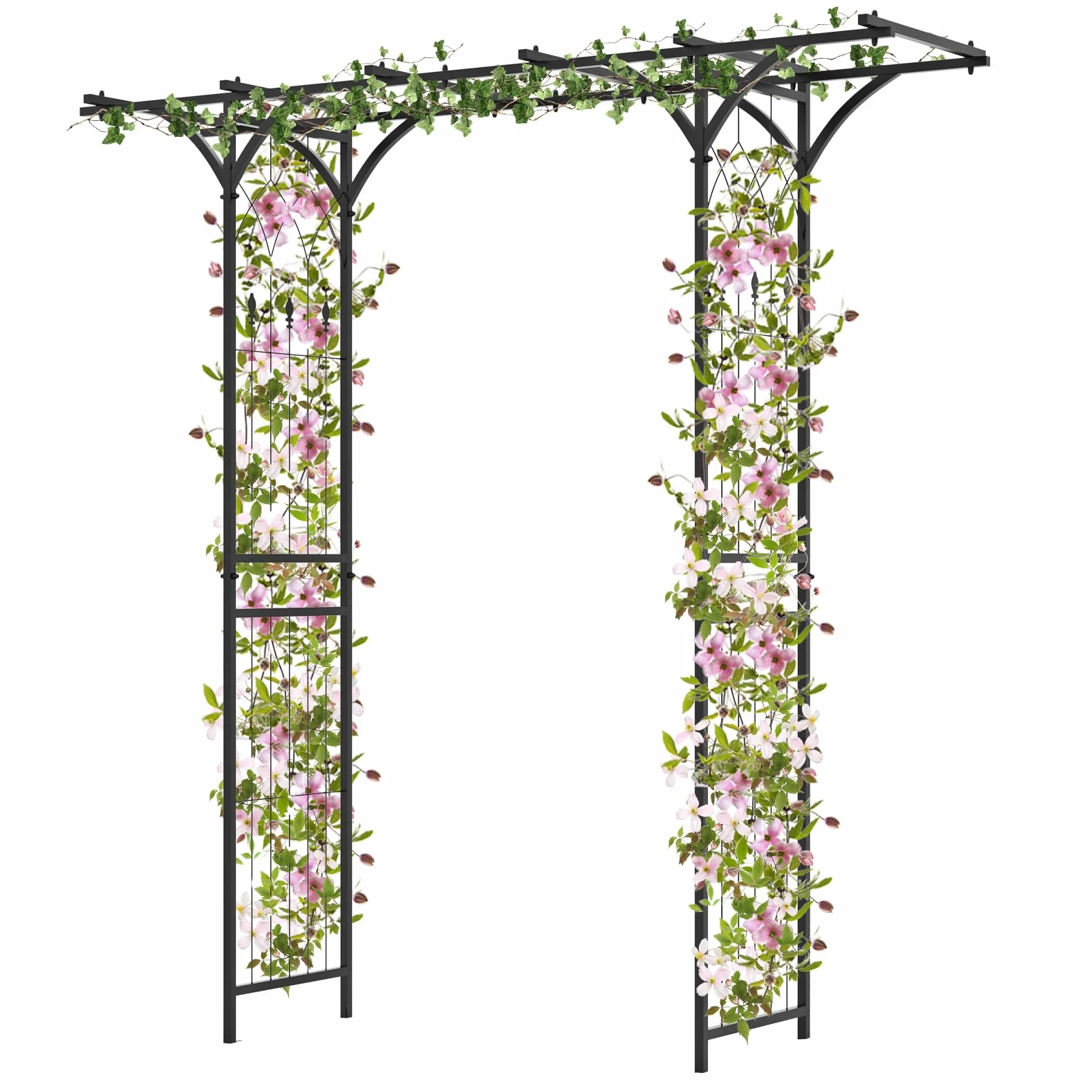 GOPLUS Rosenbogen aus Metall, 200 x 52 x 206 cm Gartenbogen mit Spalieren & erweitertem Dach, Torbogen Pergola Rankhilfe Hochzeitsbogen für Garten, Hochzeit & Party
