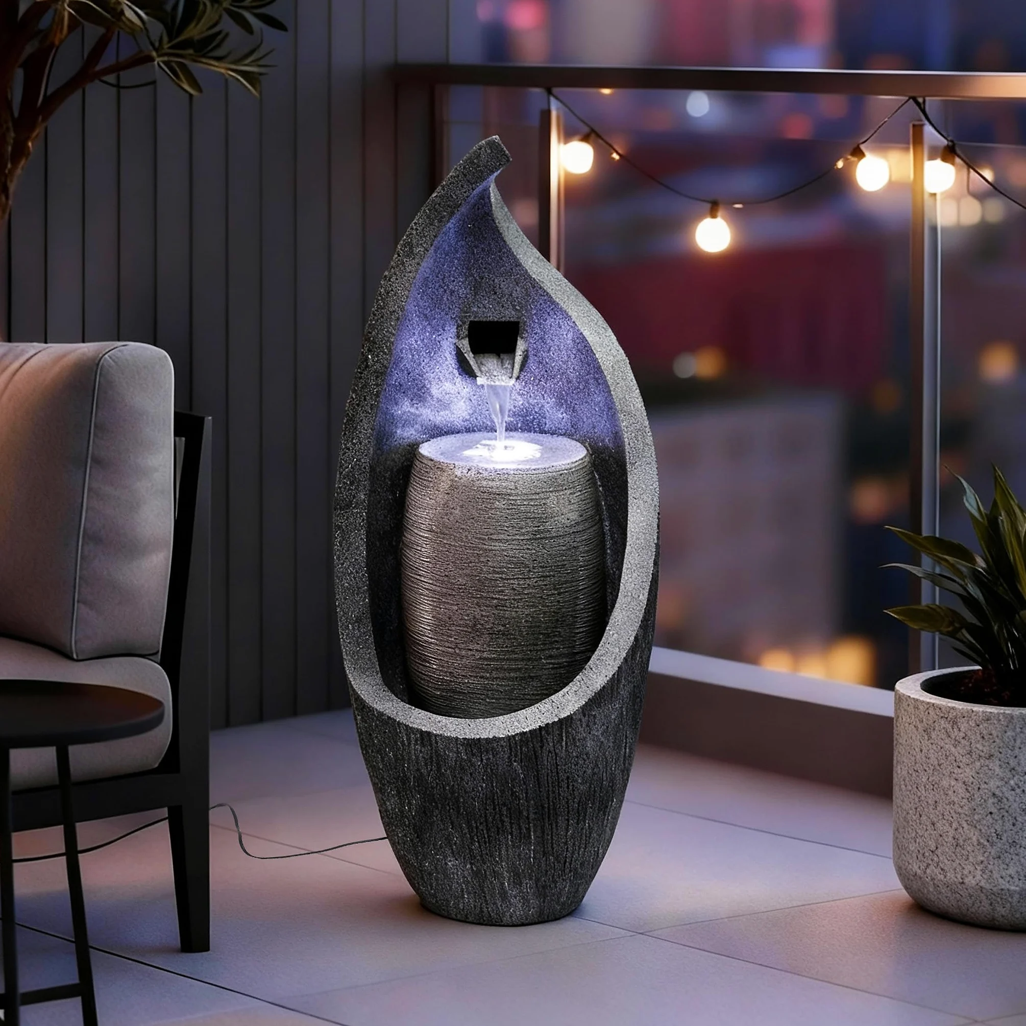 Moderner Gartenbrunnen mit LED Beleuchtung 83 cm Zimmerbrunnen Springbrunnen BK704 Wasserspiel Steinoptik Kaskade