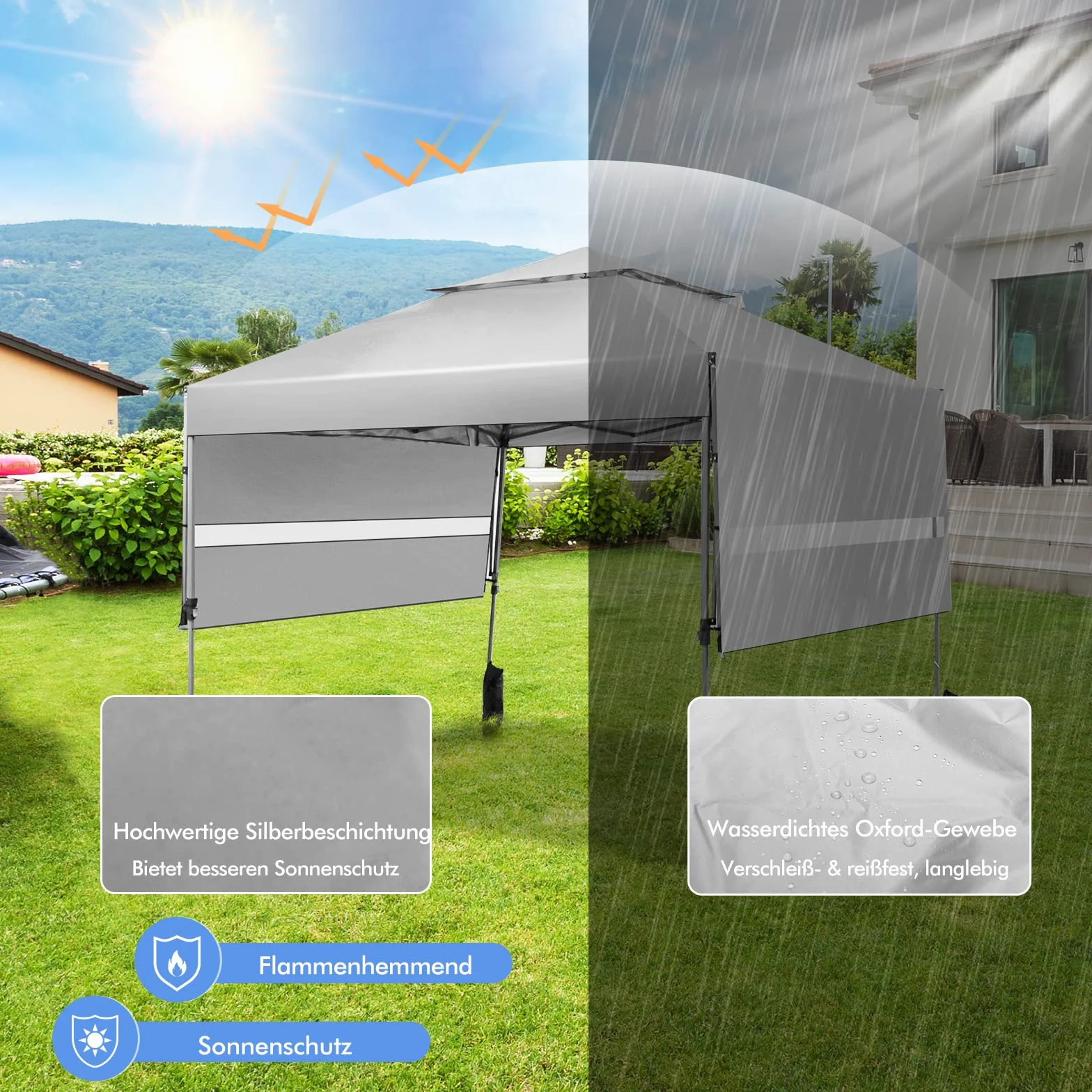 COSTWAY 3x3m Pop Up Pavillon mit Zwei Markisen, Faltpavillon mit Rolltasche, 4 Sandsäcke, UV-Schutz 50+, Gartenzelt faltbar, Partyzelt wasserdicht stabil Winterfest, Gartenpavillon für Garten (Weiß)