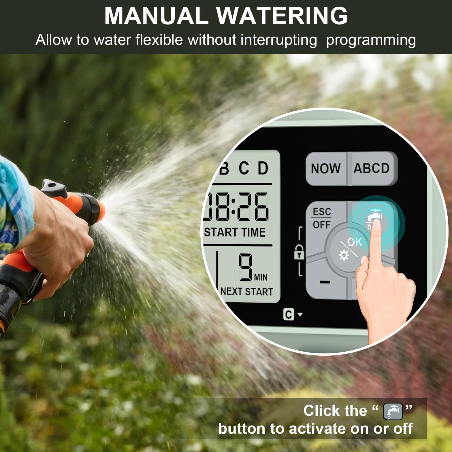 Johgee Bewässerungscomputer 4 Ausgängen mit, Digitaler Bewässerungsuhr mit Regenverzögerung, Automatische/Manuell Bewässerungssteuerung Wasserzeitschaltuhr für Garten Rasen