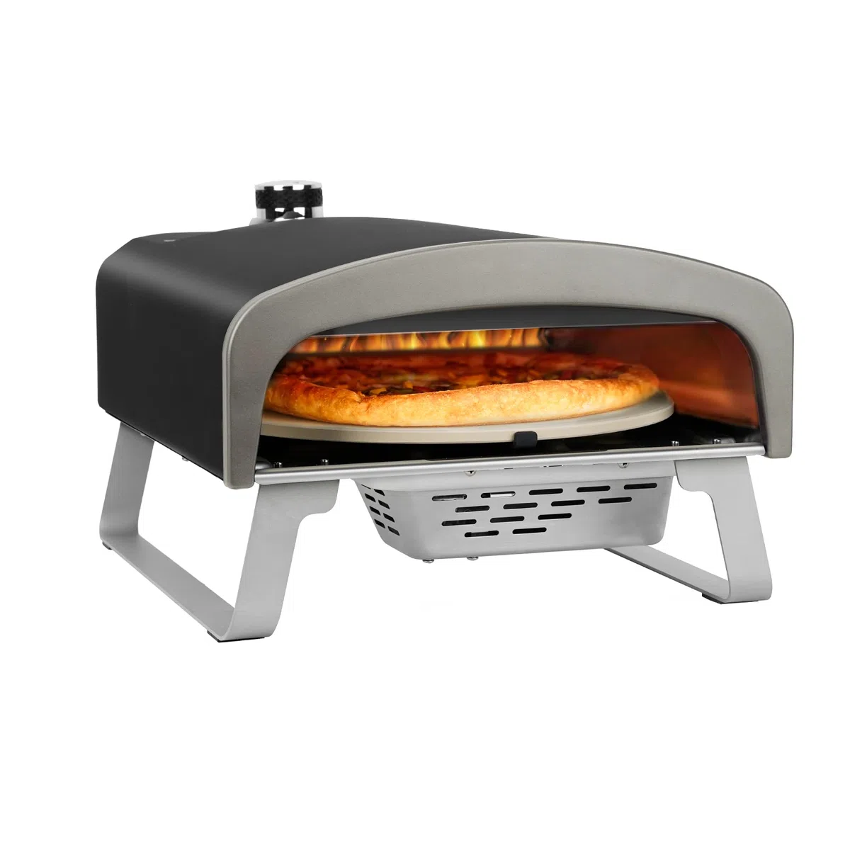 Q Pizza Gas Pizzaofen mit Drehfunktion, 50 mbar Outdoor Gas Pizza Ofen mit 33cm Pizzastein, Tragbarer für Garten Terrasse und Balkon, Schwarz