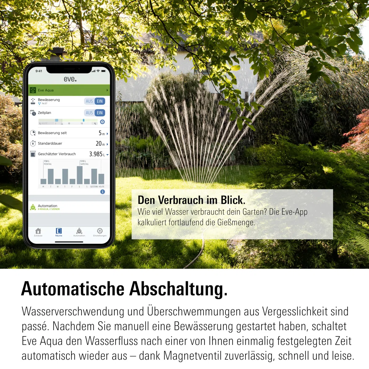 Eve Aqua (Apple Home): Smarte Bewässerungssteuerung per App oder Siri - auch von unterwegs, Garten/Balkon automatisch gießen, geeignet für Mehrfachverteiler, einfache Bedienung, Thread, Keine Bridge